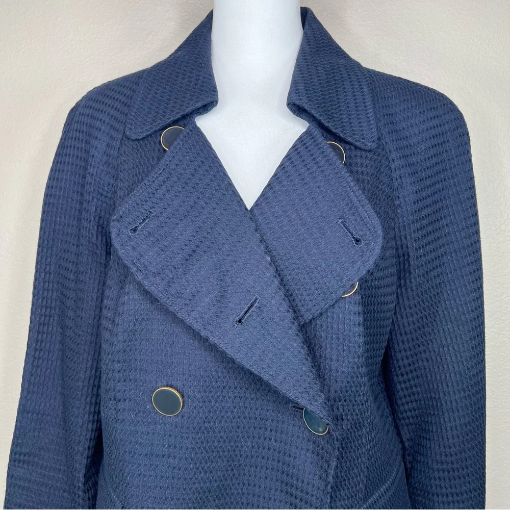 Talbots Navy Blue 100% Cotton Waffle Weave Classic Double-Breasted Jacket - Picture 3 of 11